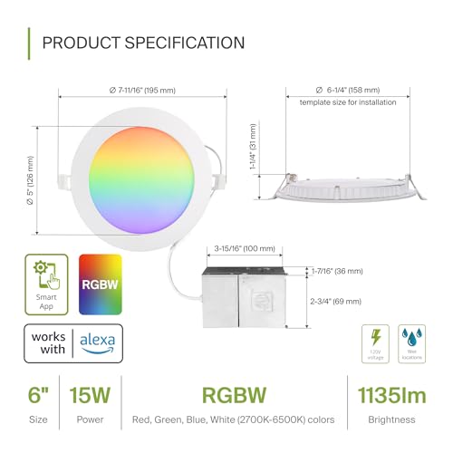 ASD 1 Pack LED Smart Recessed Lighting 6 Inch 15W, RGBW Color Changing Lights, Compatible with Alexa & Google Assistant, Dimmable 2700K-6500K Selectable RGB Lights, WiFi Bluetooth Ceiling Light, ETL - color: White, size: 6 Inch 1 Pack RGBW