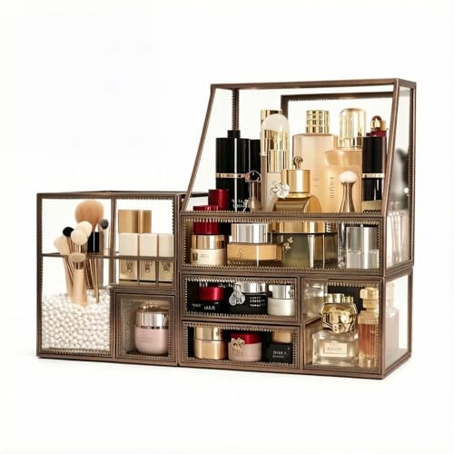 Luxury Glass Makeup Organizer Antique Bronze Metal Frame, Clear Vanity Countertop Storage Case for Cosmetics, Skincare, Perfume, Jewelry, Brush Holder & Drawers for Bathroom, Bedroom, Dressing Table - color: Brass