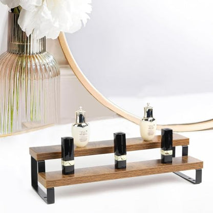 4-Tier Wooden Display Riser Shelf Stand for, Makeup, Cupcake, Condiment & Dolls Collection Home Decor Organizer, Expandable for Pantry/Counter (Brown, 2-Tier) - size: 2-Tier