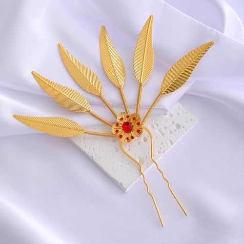 Lureme Thai Ethnic Hairpieces Alloy Leaf Hairpin with Rhinestones Hair Accessories for Women(hb000015-1) - color: gold with red strass