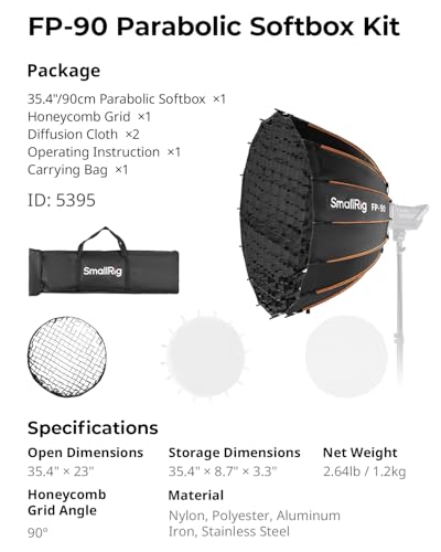 SmallRig FP-90 35.4" Parabolic Softbox with Bowens Mount for Studio Photography, Quick Release Soft Box with Honeycomb Grid, Diffusers, for SMALLRIG RC 220 pro, for Neewer for Godox for Aputure - 5395 - size: 35.4 inches (Black)