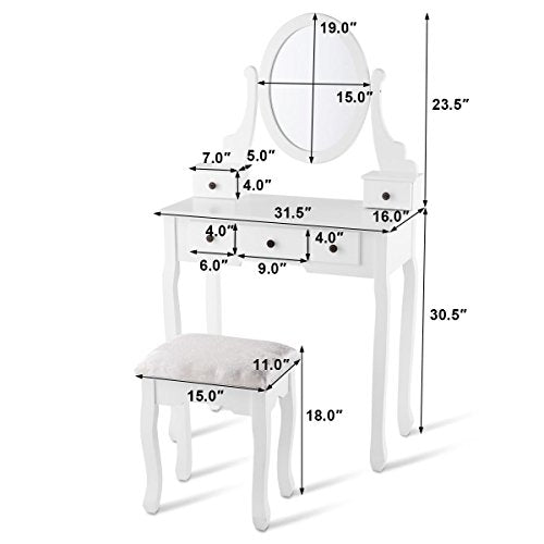 Giantex Girl Vanity Set with 5 Drawers, Makeup Dressing Table with Cushioned Stool for Modern Bedroom Apartment, White Vanity Desk for Women - color: White, style: 5 Drawers