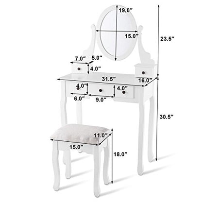 Giantex Girl Vanity Set with 5 Drawers, Makeup Dressing Table with Cushioned Stool for Modern Bedroom Apartment, White Vanity Desk for Women - color: White, style: 5 Drawers