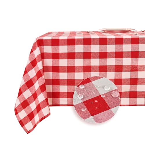 Waterproof Gingham Tablecloth Rectangle 95x55 Inch Cotton Checkered Table Cloth Buffalo Plaid Yarn Dyed Washable Table Cover for Easter Picnic Kitchen Dinner Outdoor BBQ & Party, Red and White - color: Gingham (Cotton Blend) - Red, size: 95" x 55" (Rectan