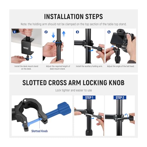 NEEWER Upgraded Overhead Camera Rig with Trifold Camera Boom Arm (Max Load 2lb), 47"/1.2m Telescopic Desk Mount Stand (Max Load 8.8lb) with Phone Clamp Ball Head for LED Light Webcam Mic, TL253A+MH022 - style: TL253A+MH022