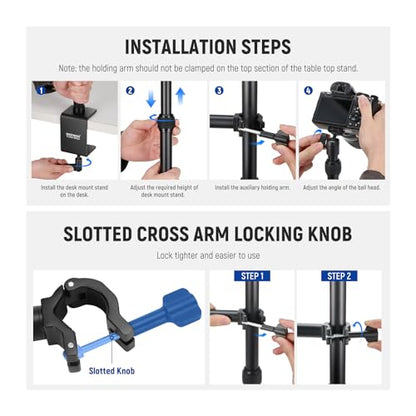 NEEWER Upgraded Overhead Camera Rig with Trifold Camera Boom Arm (Max Load 2lb), 47"/1.2m Telescopic Desk Mount Stand (Max Load 8.8lb) with Phone Clamp Ball Head for LED Light Webcam Mic, TL253A+MH022 - style: TL253A+MH022