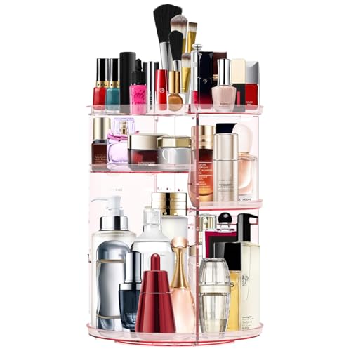 Makeup Organizer 360 Rotating Cosmetic Organizer DIY Adjustable Makeup Carousel Spinning Holder Rack, Large Capacity Cosmetic Storage Box Makeup Brushes Organizer for Vanity Countertop (Pink) - color: Pink