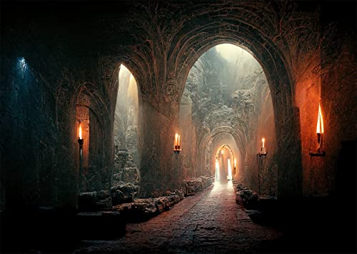 BELECO 10x6.5ft Fabric Dark Medieval Castle Dungeon Backdrop for Photography Ancient Prison Cell Arches Underground Tunnel Corridor with Candles Horror Background Halloween Party Photo Studio Props - size: 10x6.5FT