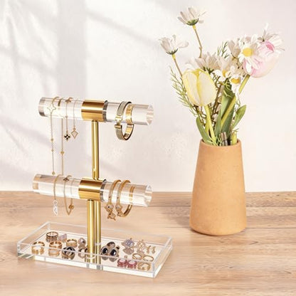 Acrylic Jewelry Display Stand 2 Tier Clear Bracelet Holder Necklace Stand Gold Metal T Bar Tower Organizer With Bottom Tray for Rings Make-up Case
