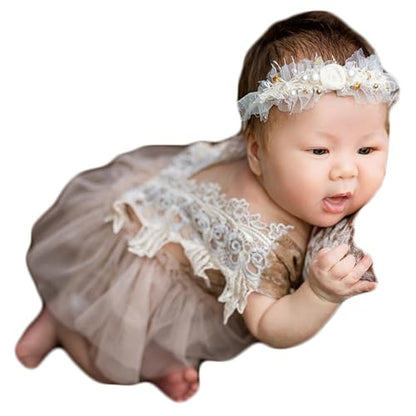 Zeroest Baby Photography Props Lace Hats Outfit Newborn Photo Shoot Outfits Infant Photos Baby Girl Photoshoot - color: Champagne