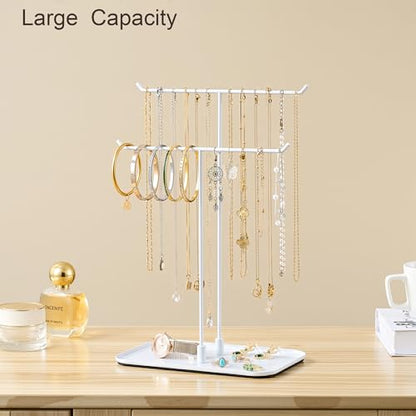bussdis White Jewelry Organizer Necklace Holder Stand: 2-Tier T-Bar Display with White Metal Tray, Holds Necklaces Bracelets Earrings, Countertop Jewelry Tree  - color: White, size: 12.5" Height