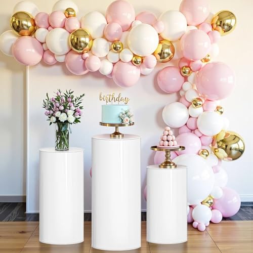 3Pcs White Cylinder Pedestal Stands, Thickened PVC Round Pedestal Display Plinth Pillars for Wedding Birthday Babyshower Decoration Art Decor - color: White