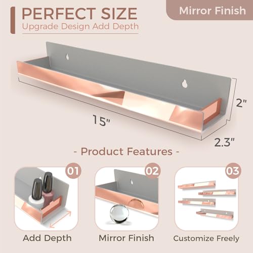 4 Pack 15 Inch Rose Gold Reflective Acrylic Shelves, Rose Gold Floating Shelves, Modern Sunglasses Essential Oil Picture Ledge Display Toy Storage Shelf - color: 15in-rose Gold Mirror