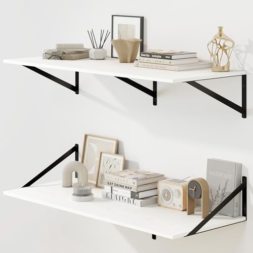 Fun Memories Floating Shelves for Wall, 12 Inch Deep Floating Shelves Set of 2, 36W x 12D Large Wall Shelf with Sturdy Metal Brackets for Living Room, Bathroom, Bedroom and Kitchen, White - color: A-white, size: 36"W x 12"D