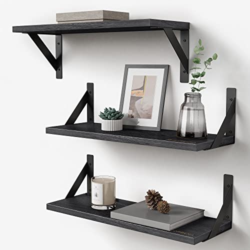 Forbena Black Floating Shelves Bathroom Set of 3, Wooden Wall Book Shelves, Rustic Shelf for Storage, Bathroom Organizer, Living Room, Kitchen, Office (Black) - color: Black, size: 17 Inches