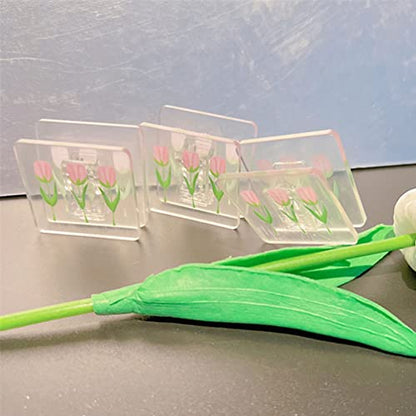 6 Pcs Square Plastic Clip Tulip Flowers Pattern Binder Paper Clamps for Home Office School Shop Supplies for File Picture Photo, Clear