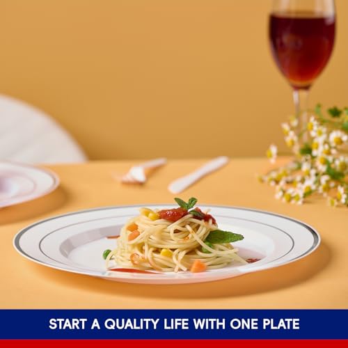 JOLLY CHEF 100 Pieces Silver Plastic Plates, 10 Inch Disposable Plates White Plate with Silver Rim, Heavy Duty Plastic Plates for Christmas, Birthdays and Weddings - style: Silver-100