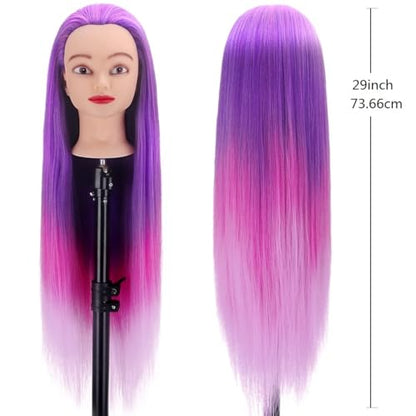 Mannequin Head with Hair, Beauty Star Doll Head for Styling, 29" Long Syntheic Hair Cosmetology Hairdressing Training Practice Manikin Head with Clamp Stand and Braiding Kit for Girls - color: Pink & Purple