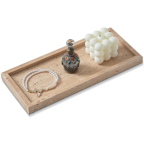 Natural Travertine Vanity Tray, Luxury Stone Organizer for Bathroom & Kitchen Counter | Holds Soap Dispenser, Jewelry, Perfume | Non-Resin, Non-Ceramic Décor - color: Travertine, size: 11.8" x 5.1" x 0.8"