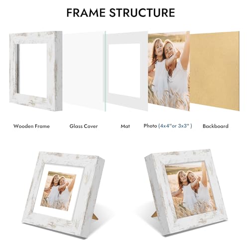 Hongkee 4x4 Picture Frame with Glass, Display Pictures 3x3 with Mat or 4 x 4 without Mat - Wall and Tabletop, 4 by 4 Photo Wooden Frames (Distressed White, 1 Pack) - color: Distressed White, size: 4X4 in