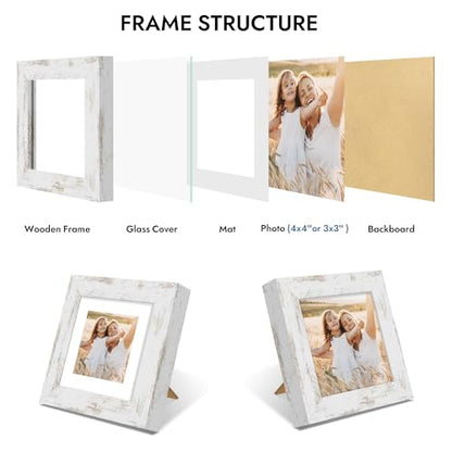 Hongkee 4x4 Picture Frame with Glass, Display Pictures 3x3 with Mat or 4 x 4 without Mat - Wall and Tabletop, 4 by 4 Photo Wooden Frames (Distressed White, 1 Pack) - color: Distressed White, size: 4X4 in