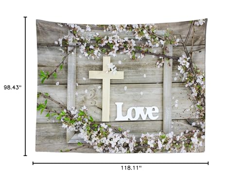 BELECO 10x8ft Fabric Rustic Wooden Board Wood Cross Backdrop Word Love and Spring Tree Blossoms Flower Petals Backdrop Jesus Background Christian Church Event Party Decor Easter Kids Photo Studio Prop - size: 10x8FT