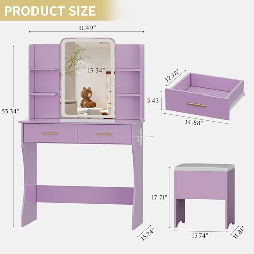 Vanity Desk with LED Lights Mirror & Power Outlet, Small Makeup Vanity Table Set with Storage Drawers & Chair, 3 Lighting Modes & Adjustable Brightness, Dressing Table for Women Girls Bedroom, Purple - color: Purple, size: 2 Drawers