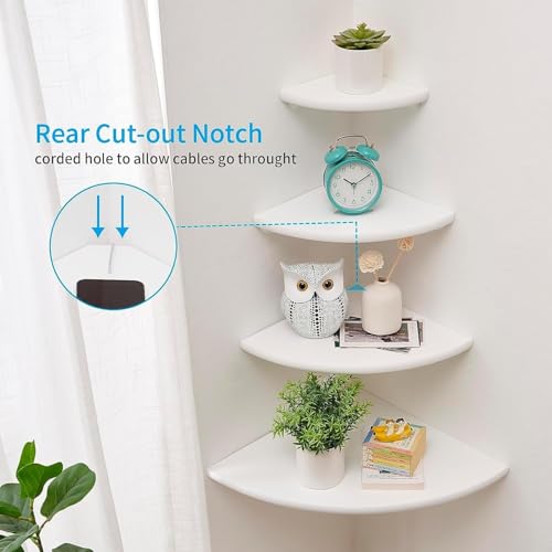 Corner Shelf, White Floating Corner Shelf, Set of 2 7inch Solid Oak Wood Corner Wall Shelves, Round End Wall Mount Display Shelf with Wire Hole for Small Plant for Bedroom Kitchen, Living Room - color: White, size: 7in 2P