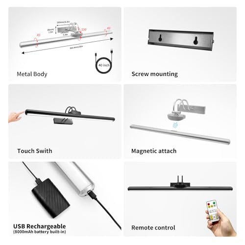 26" Wireless Picture Lights, Rechargeable Battery Art Display Light with Remote Control, Dimmable/Timer Off Dartboard Light, 3 Lighting Modes Full Metal Painting Display Lights(Black-1 Pack) - color: Black-1 Pack