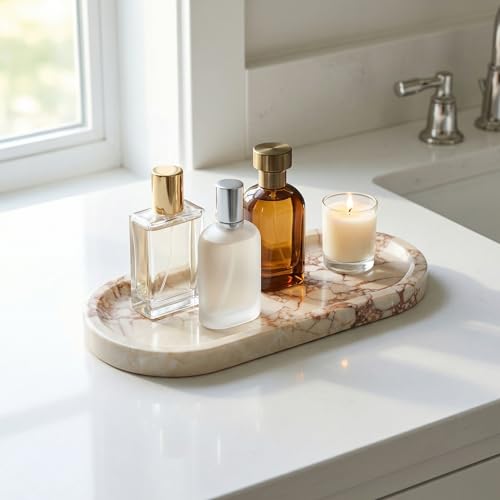OOBOOB Oval Natural Marble Bathroom Tray for Decor Countertop, Marble Vanity Tray for Candles Perfume, Jewelry, Cosmetics, Elegant Vanity Organizer for Jewelry, Perfume - color: Jade White, size: 9.84*4.72*0.7