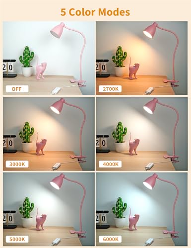 BOHON Cute Desk Lamp with Clamp 10W 38 LED Clip on Light, 5 Color 10 Brightness Auto Off Timer Flexible Gooseneck Pink Lamp Kawaii Accessories Desk Lights for Office Home Bed Bedside Reading, Pink - color: Pink
