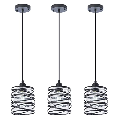 Modern Mini Pendant Light Fixture 3-Pack Kitchen Island Pendant Lighting 6.3''Matte Black Spiral Cage Handblown Clear Seeded Glass Shade Adjustable Cord for Dining Room - color: 3-Pack Seeded Glass 6.30in