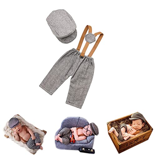 Newborn Monthly Baby Photo Props Stripe Checked Flat Cap Newsboy Suspender Pants Romper for Photography Outfits - color: Gray