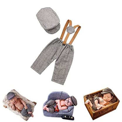 Newborn Monthly Baby Photo Props Stripe Checked Flat Cap Newsboy Suspender Pants Romper for Photography Outfits - color: Gray