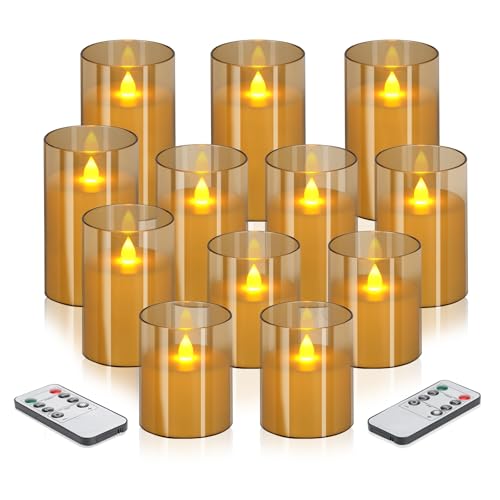 wemarry Flameless Candles 4" 5" 6" Acrylic Glass Pillars 3" Diameter Battery Operated Flickering Candles Include 8-Key Remote with Timer Function 400+ Hours (Amber, Warm Light 12 Pack) - color: Amber, size: Warm Light 12 Pack