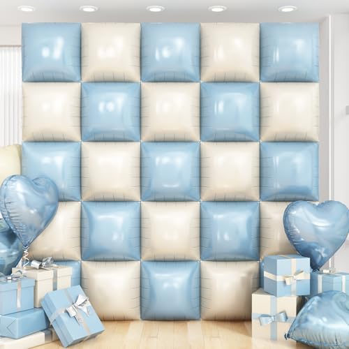 Blue White Square Foil Balloon Wall,25Pcs Double Sided Balloons Backdrop Helium Balloon Tunnel Arch Garland Kit for Birthday Bridal Anniversary Baby Shower Party Decorations - style: Blue White