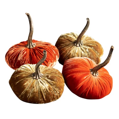 Set of 4 Small Velvet Pumpkins, elegant luxe gift set for new apartment, Thanksgiving centerpiece, bowl filler for fall decor, cozy autumn vibe, pumpkin spice (2 Luxe Brass, Luxe Burnt Orange, Rust) - color: 2 Luxe Brass, Luxe Burnt Orange, Rust
