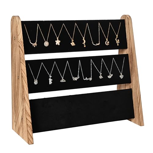 Necklace Holder 3 Tier Wooden Necklace Organizer Stand with Velvet, Necklace Display Stand for Selling,Chain Necklace Holder Rack for Show, 72 Necklaces Bracelets - style: One-Sided Black
