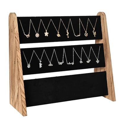 Necklace Holder 3 Tier Wooden Necklace Organizer Stand with Velvet, Necklace Display Stand for Selling,Chain Necklace Holder Rack for Show, 72 Necklaces Bracelets - style: One-Sided Black
