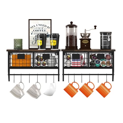 Helsin Industrial Wall Mounted Metal Wood Floating Shelves with Baskets Hooks Hanging Display Shelf Sundries Holder for Coffee Bar Kitchen Bathroom Organization and Home Decor, Black (16inch, 2 Sets) - color: 2 Sets