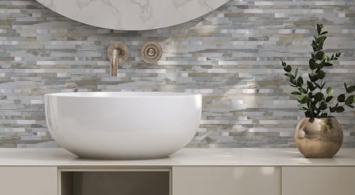 Yipscazo 10 Sheets Peel and Stick Stone Metal Tile Backsplash, Stick on Tiles for Backsplash Kitchen, Bathroom, Laundry Room, Camper, Fireplace (12'' X 12'', White Wood with Metal) - color: White Wood With Metal