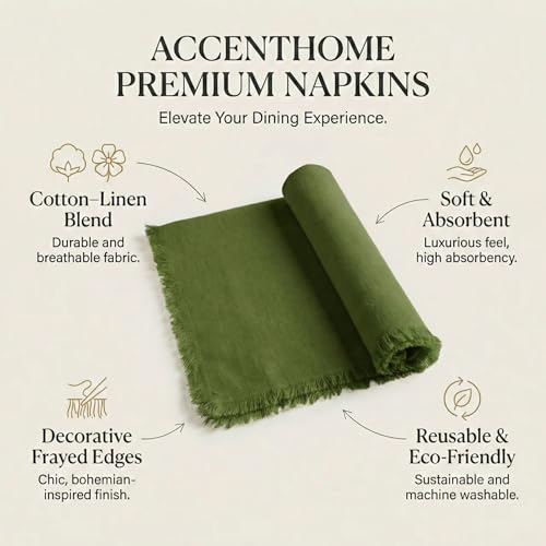 ACCENTHOME Olive Green Cotton Linen Napkin Set of 12 18x18 inch Dinner Napkins - Washable Soft Premium Hotel Quality Reusable Hemmed Edges Napkins Perfect Table Linens for Family Dinners, Weddings - color: 04 - Olive Green, size: 18"x18" - Pack of 12