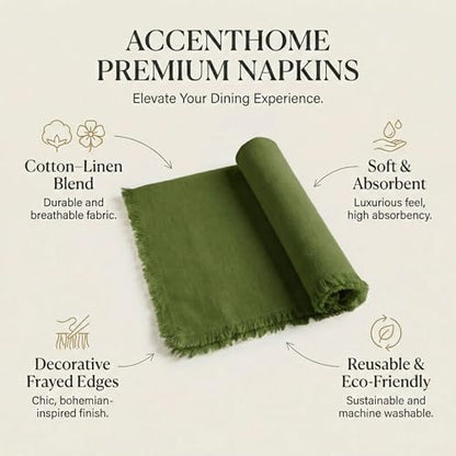 ACCENTHOME Olive Green Cotton Linen Napkin Set of 12 18x18 inch Dinner Napkins - Washable Soft Premium Hotel Quality Reusable Hemmed Edges Napkins Perfect Table Linens for Family Dinners, Weddings - color: 04 - Olive Green, size: 18"x18" - Pack of 12