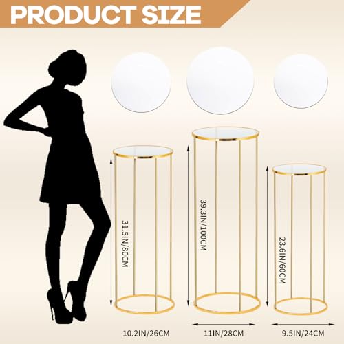 3pcs Gold Metal Plant Stand, Cylinder Pedestal Stands for Party, Metal Plant Columns Pedestal Stands for Display, Round Cylinder Columns tables for Weddings Cake Stand Floor Plant Tables