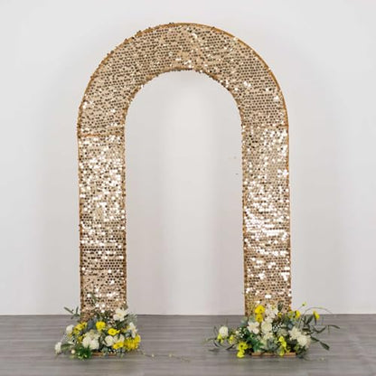 8 feet Gold Big Payette Sequin Fitted Double-Sided U-Shaped Wedding Arch, Round Top Chiara Stand Cover, Spandex Shimmer Tinsel Open Arch Backdrop Stand Cover Wedding Party Reception Decorations