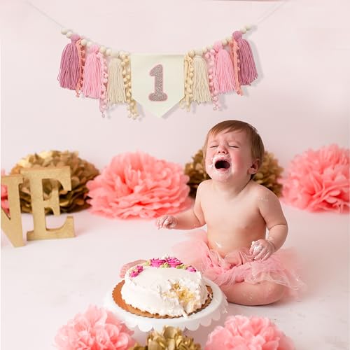 Girls 1st Birthday Tassels High Chair Banner -1st Birthday Decorations for a Girl,Boho First High Chair Banner,Rose Gold Cake Smash Photo Prop