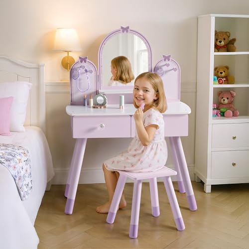 ROBUD Kids Vanity Table and Chair Set, Girls Vanity Set with Mirror, Pretend Play Kids Vanity, Makeup Dressing Table with Drawer and Accessories, Age 3+ (Purple) - color: Purple