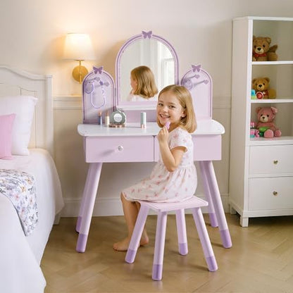ROBUD Kids Vanity Table and Chair Set, Girls Vanity Set with Mirror, Pretend Play Kids Vanity, Makeup Dressing Table with Drawer and Accessories, Age 3+ (Purple) - color: Purple