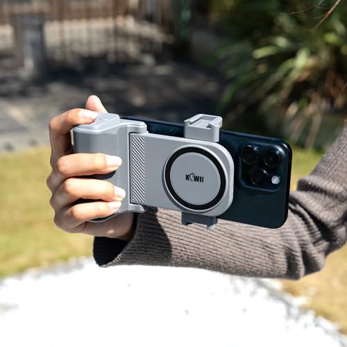KIWIFOTOS Travel Phone Camera Grip Smartphones Camera Handle with Remote Control for iPhone 17 16 Pro Max Samsung Galaxy S25 S24 Selfie Vlog Video Shooting(Tripod NOT Included) - color: Clip on Phone Camera Grip Gray