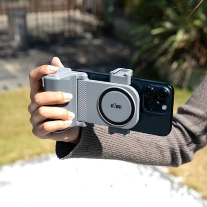KIWIFOTOS Travel Phone Camera Grip Smartphones Camera Handle with Remote Control for iPhone 17 16 Pro Max Samsung Galaxy S25 S24 Selfie Vlog Video Shooting(Tripod NOT Included) - color: Clip on Phone Camera Grip Gray